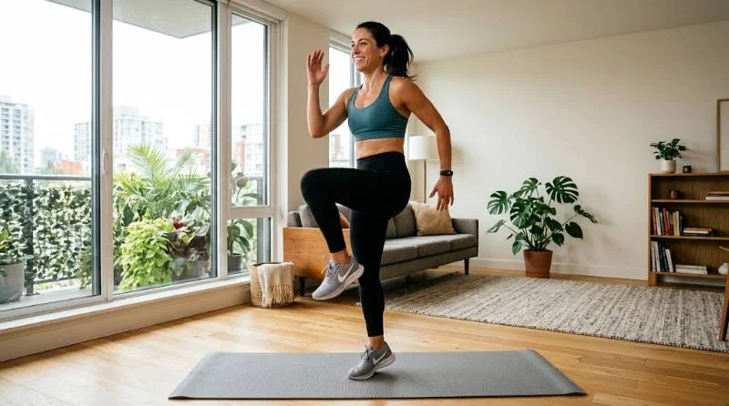 Person marching with high knees on a mat, showing does walking in place count as steps and exercise