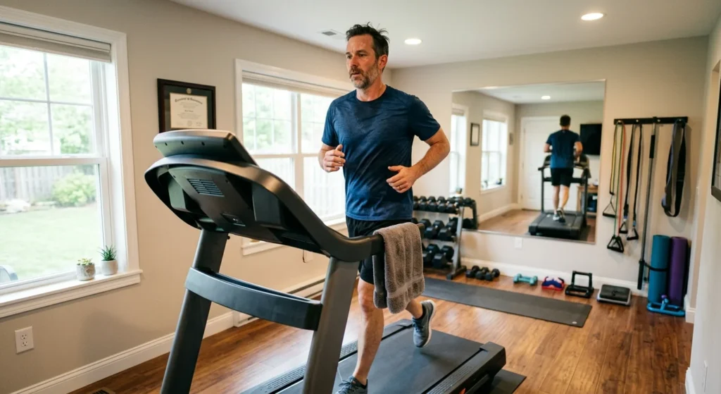 Man running on a treadmill with a slight incline to match how many calories you burn running a mile outdoors