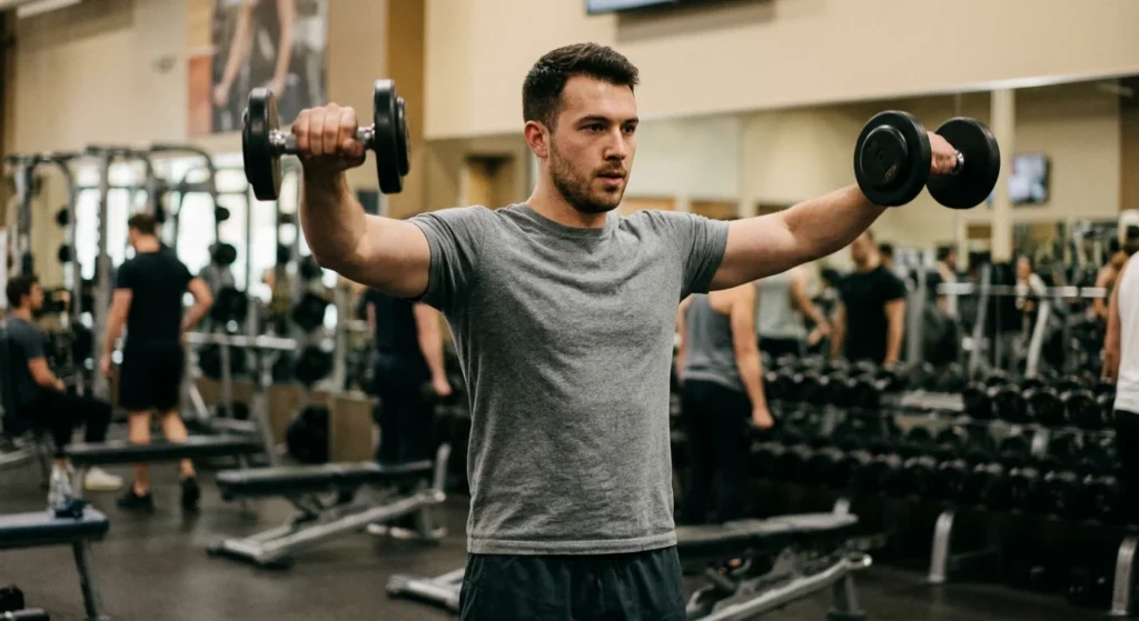Lifter performing what are lateral raises exercise with dumbbells at shoulder height in a gym
