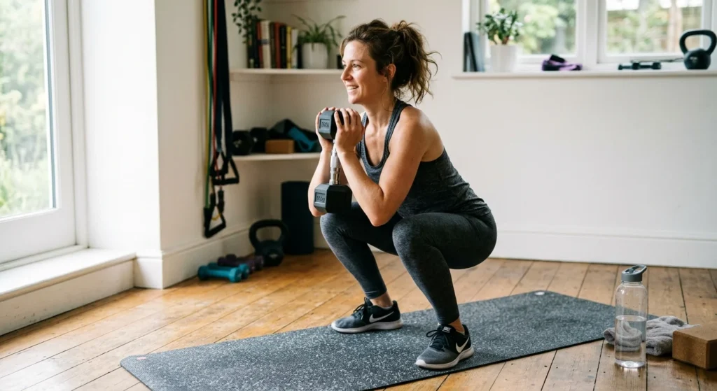 Woman doing a goblet squat at home to show what is muscular strength in practice