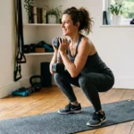 Woman doing a goblet squat at home to show what is muscular strength in practice