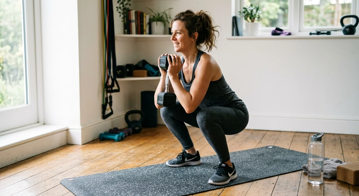 Woman doing a goblet squat at home to show what is muscular strength in practice