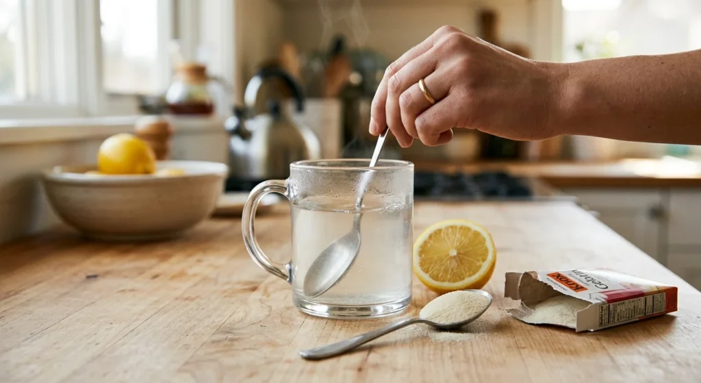 Stirring a mug of warm water with gelatin powder to make the gelatin weight loss recipe