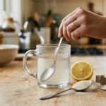 Stirring a mug of warm water with gelatin powder to make the gelatin weight loss recipe